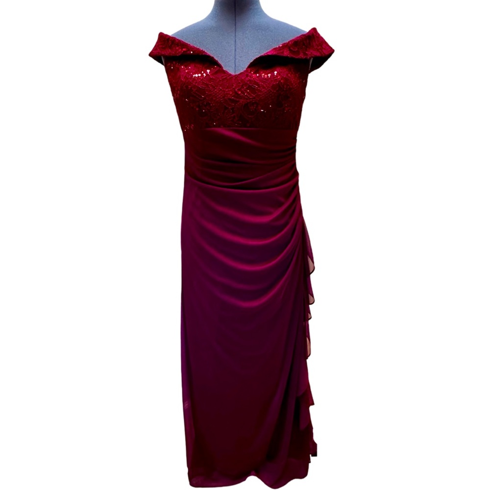 Petite off the shoulder formal gown